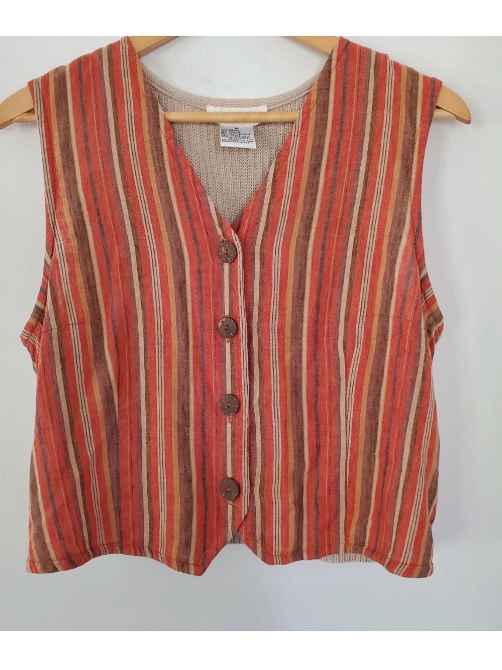 Vintage TALBOTS M Button Up Linen Blend Vest Cable Knit Back Earthy Fall Colors